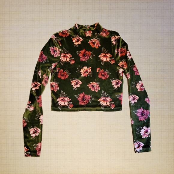 Forever 21, M | High Neck Long Sleeve Velvet Crop Top Olive Blush Colored - Picture 1 of 6